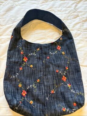 Upcycled Dark Blue Floral Denim  Embroidered Shoulder Bag